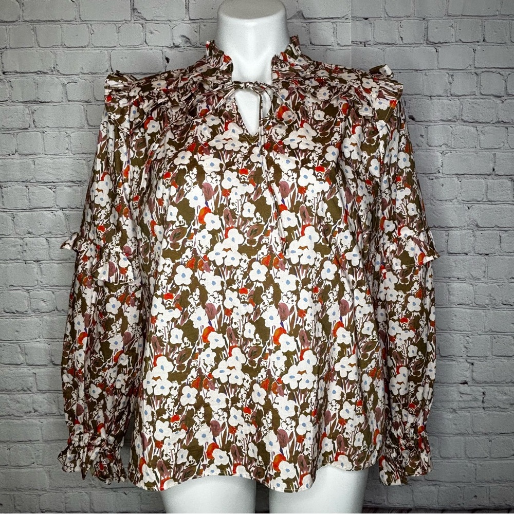 Fate Ruffle Blouse with Olive Green, Orange, Blue and Cream Floral Design Size S